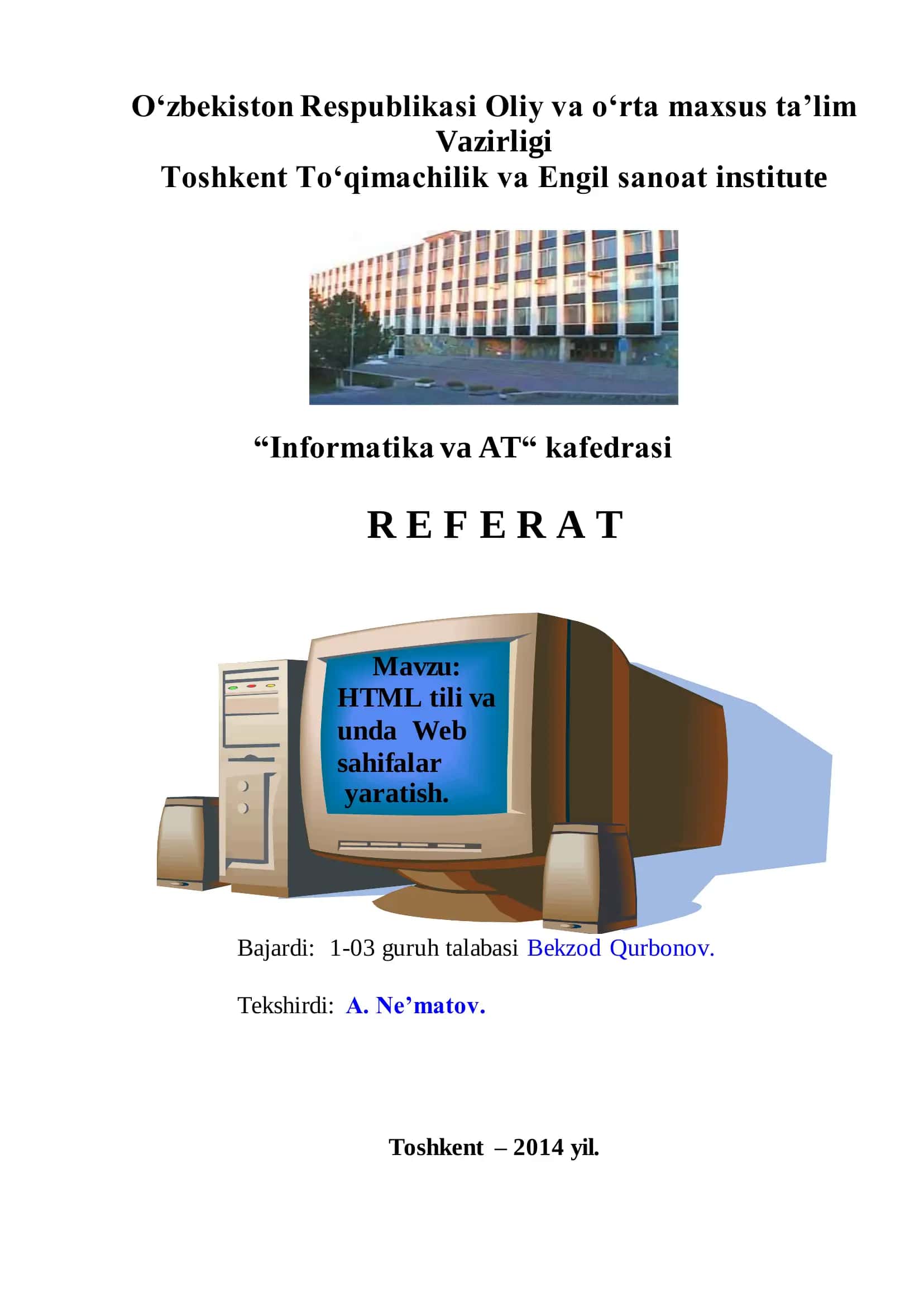 HTML tili va unda Web sahifalar yaratish
