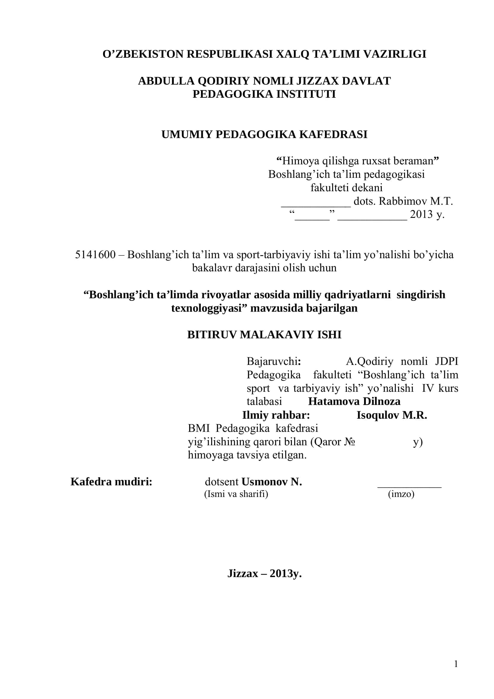 "Boshlang'ich ta'limda rivoyatlar asosida milliy qadriyatlarni singdirish texnologgiyasi"