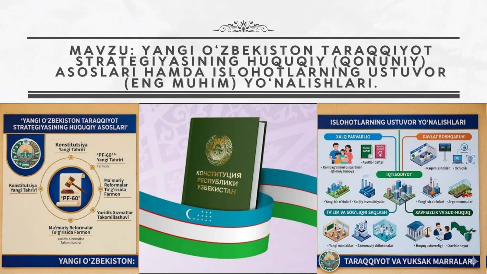 YANGI O‘ZBEKISTON TARAQQIYOT STRATEGIYASINING HUQUQIY (QONUNIY) ASOSLARI HAMDA ISLOHOTLARNING USTUVOR (ENG MUHIM) YO‘NALISHLARI