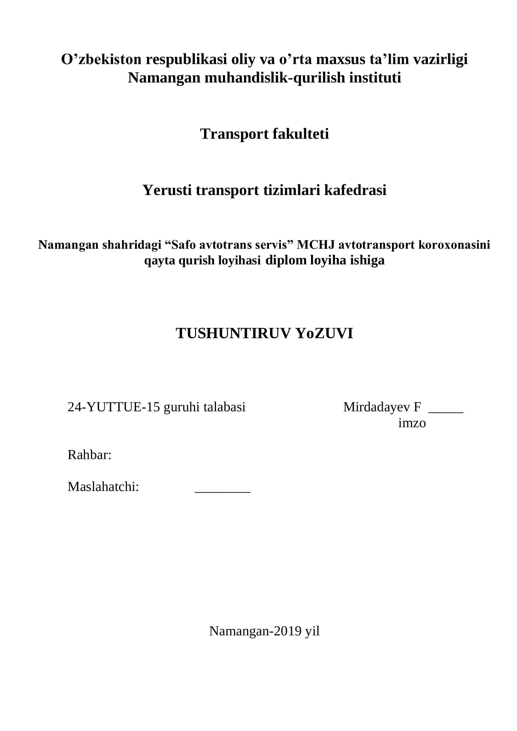 Safo Avtotrans Servis MCHJ Avtotransport Koroxonasi Qayta Qurish Loyihasi Diplom Ishi