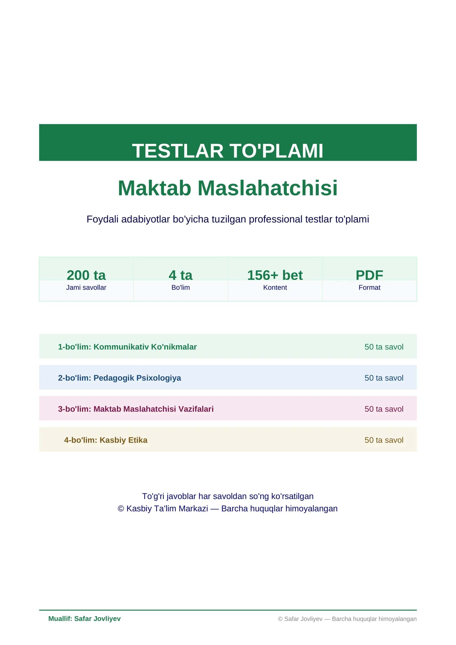 Testlar To'plami - Maktab Maslahatchisi"Yangi to'plam 2026 Mart