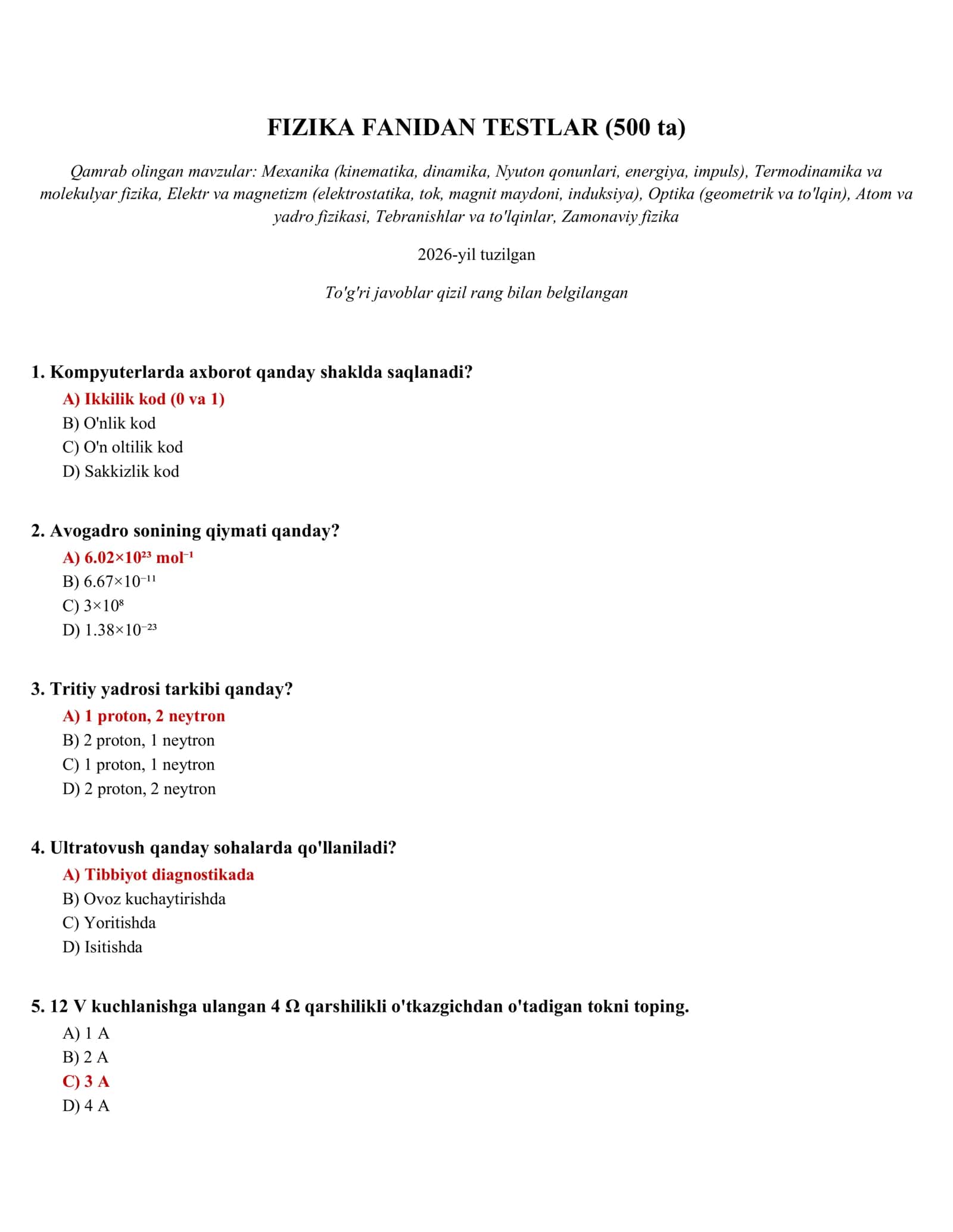 FIZIKA FANIDAN TESTLAR (500 ta)