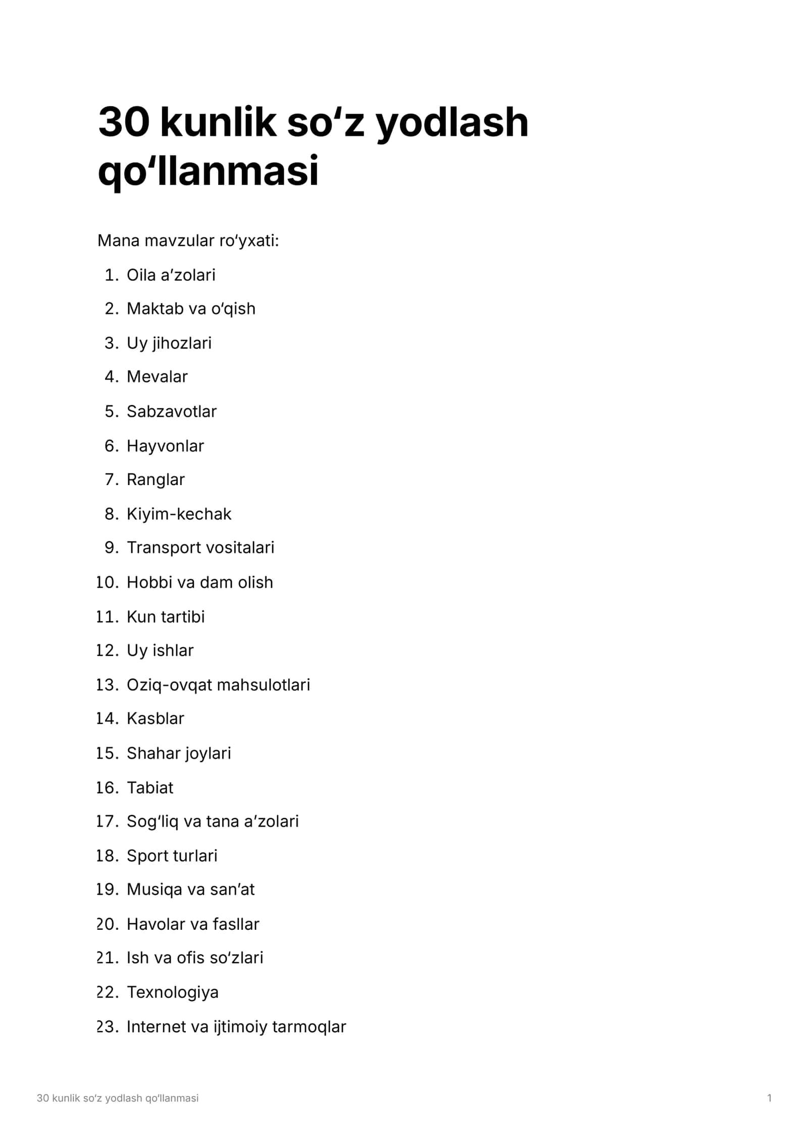 KOREYSCHA O'ZBEKCHA 30 KUNLIK SO'Z YODLASH QO'LLANMA