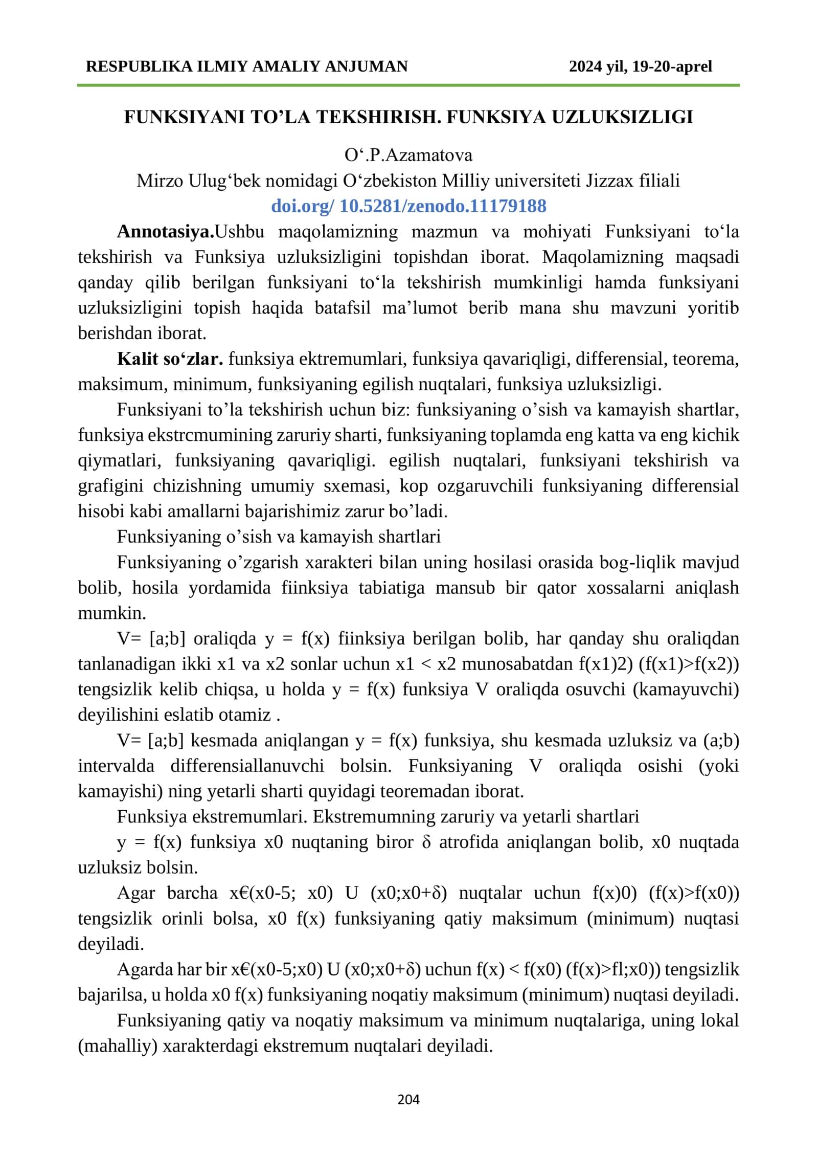 FUNKSIYANI TO’LA TEKSHIRISH. FUNKSIYA UZLUKSIZLIGI
