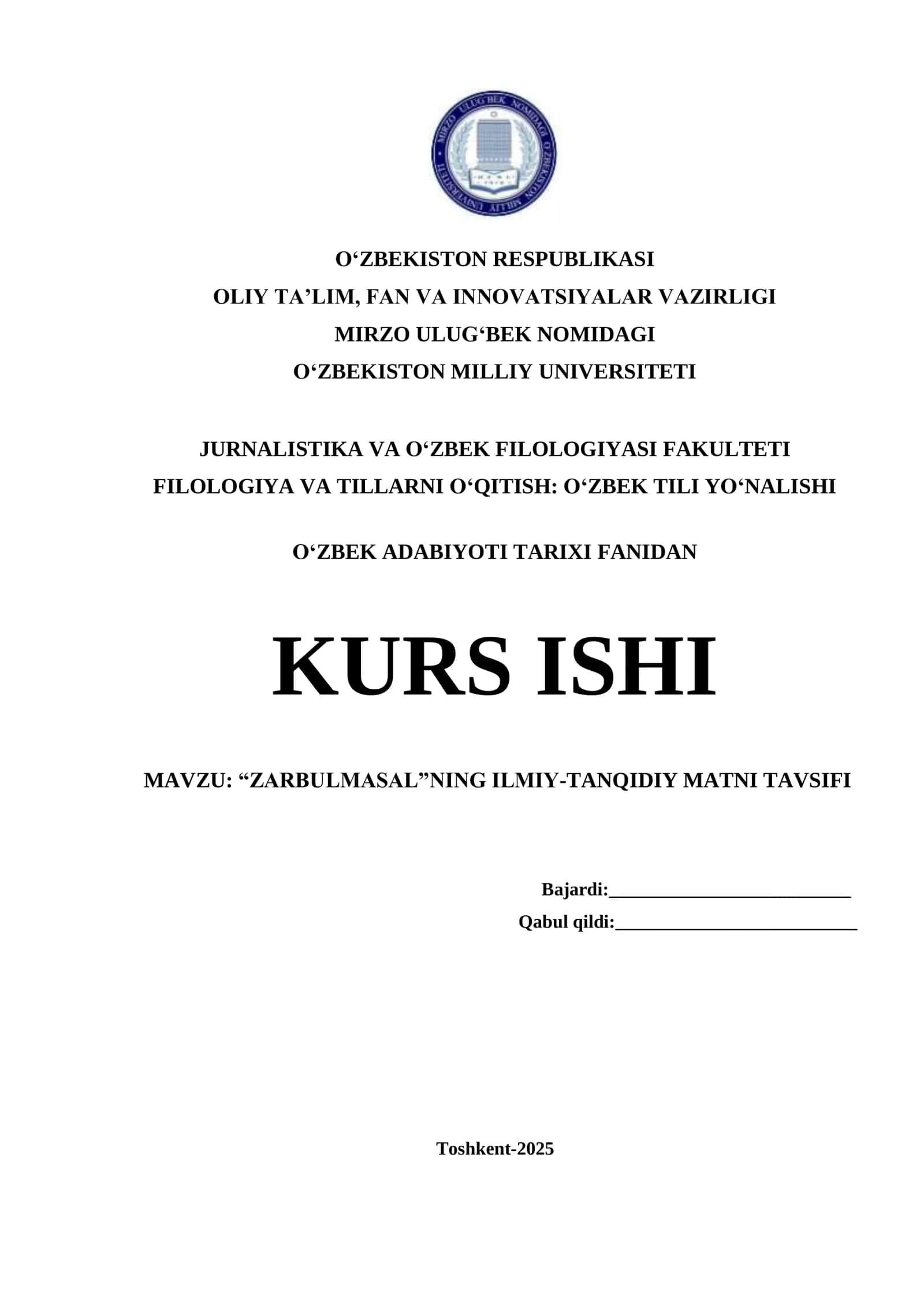 “ZARBULMASAL”NING ILMIY-TANQIDIY MATNI TAVSIFI