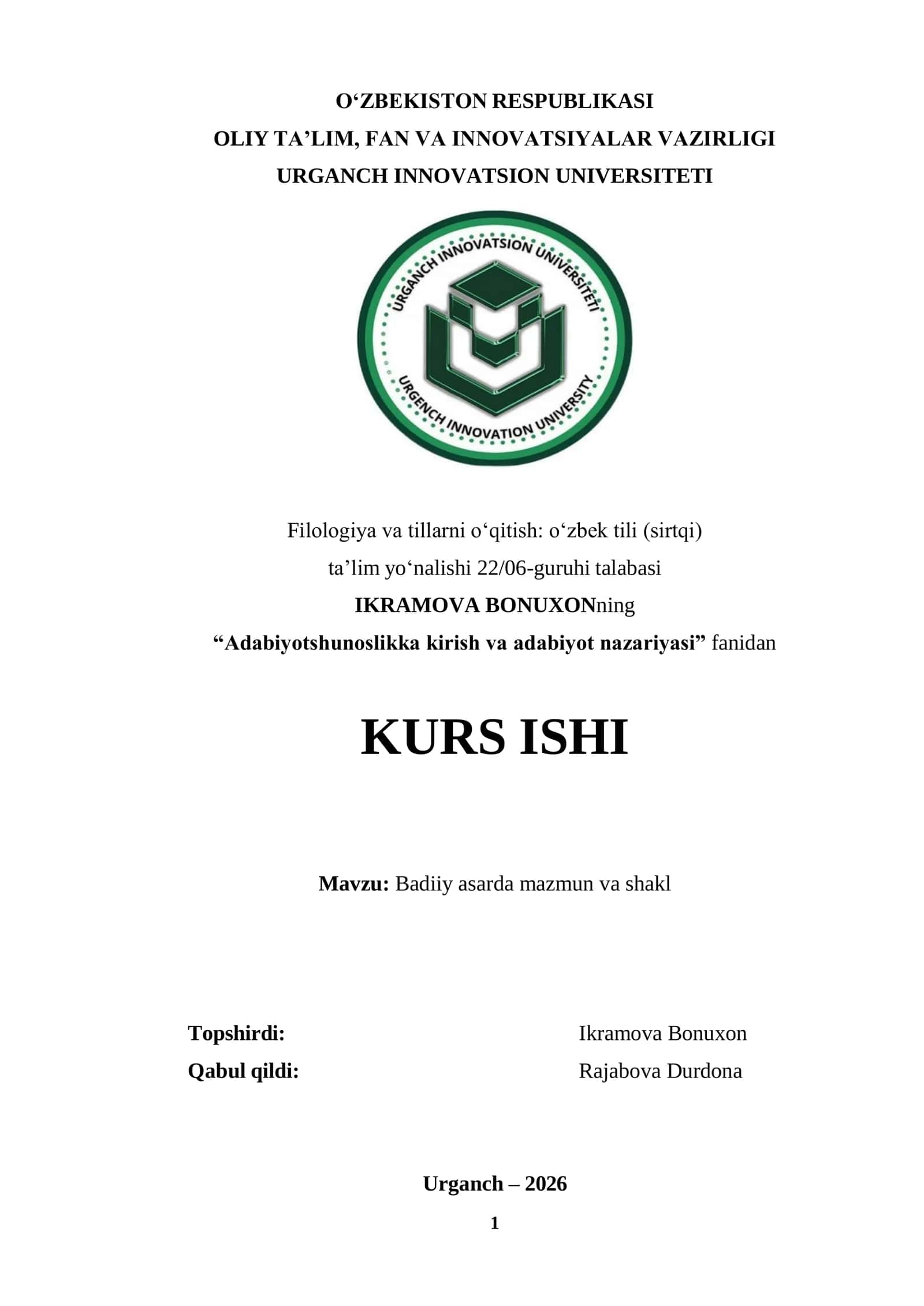 Badiiy asarda mazmun va shaklning nazariy asoslari