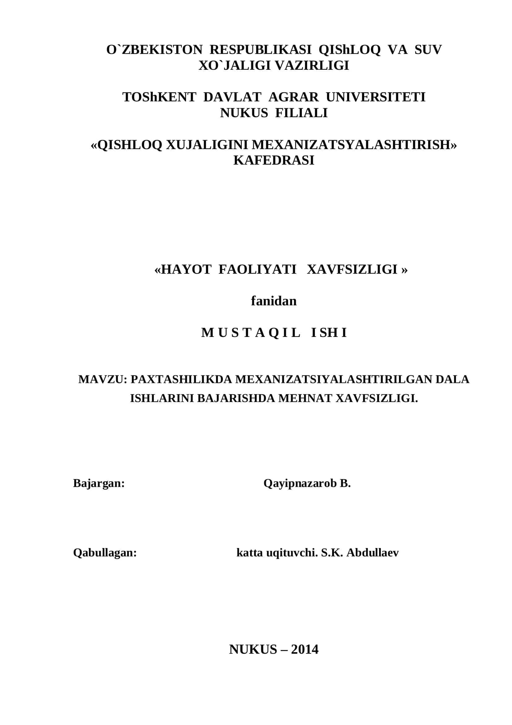 Paxtashilikda Mexanizatsiyalashtirilgan Dala Ishlarini Bajarishda Mehnat Xavfsizligi