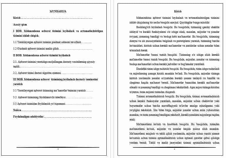 Mehmonxona axborot tizimini loyihalash va avtomatlashtirilgan dastur ta’minotini ishlab chiqish
