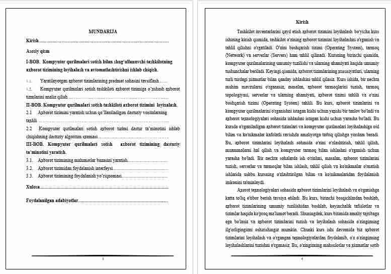 Kompyuter qurilmalari sotish bilan shug‘ullanuvchi tashkilotning axborot tizimining loyihalash va avtomatlashtirishni ishlab chiqish