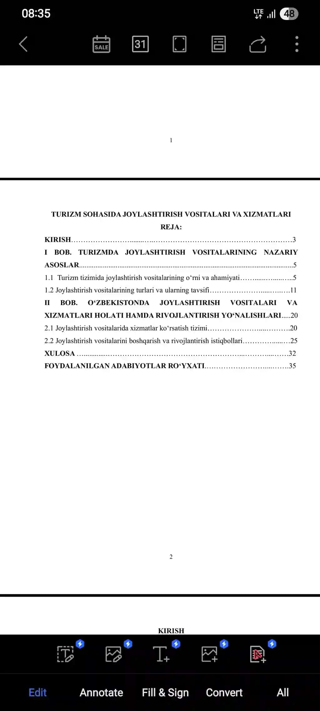 Kurs ishi: Turizm sohasida joylashtirish vositalari va xizmatlari