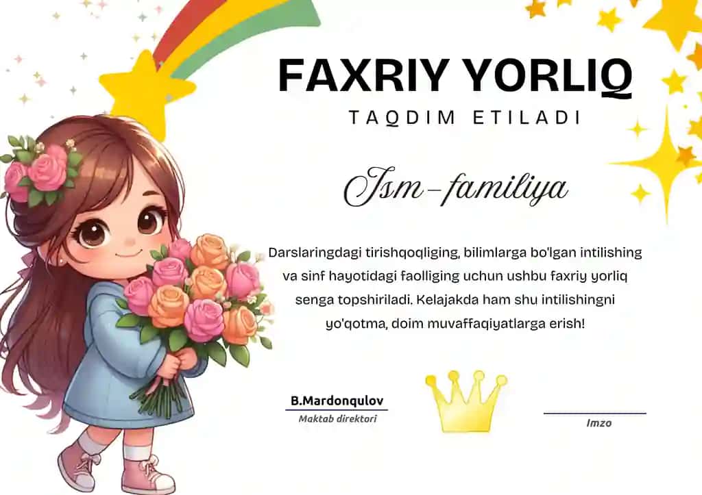 Faxriy,maqtov yorliq BOSHLANG'ICH SINFLAR