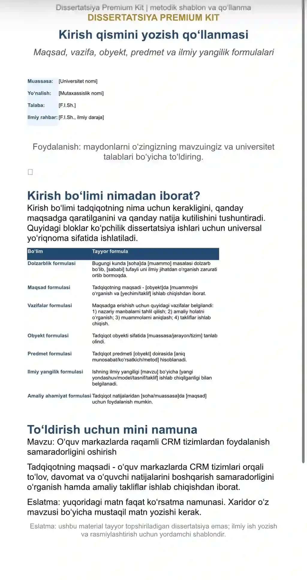 Dissertatsiya Premium Kit — magistrlar uchun shablon va metodik qo‘llanma