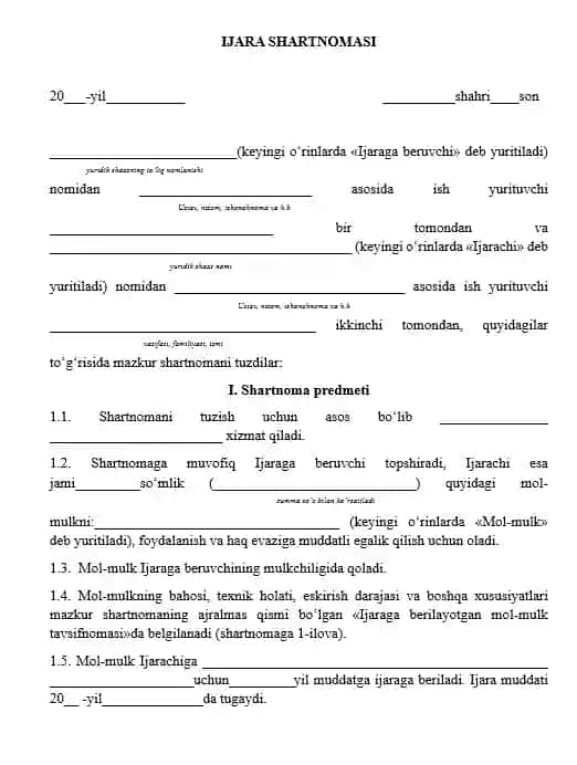 Ijara shartnomasi (Davlat tilida ish yuritish me'yorlari asosida)