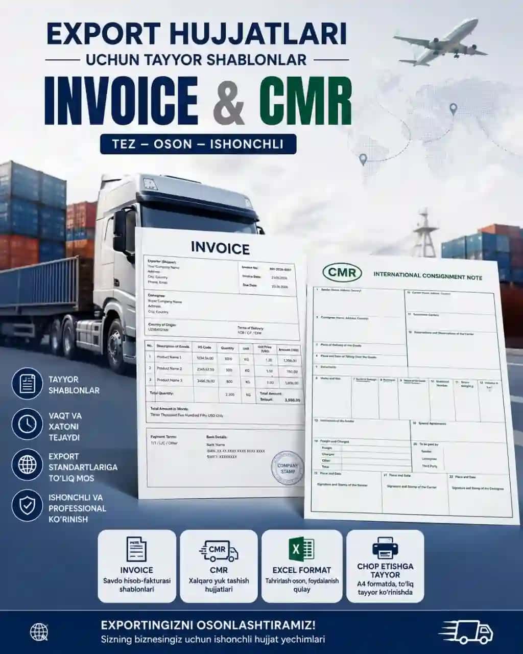 Deklarant uchun INVOISE va CMR shablon