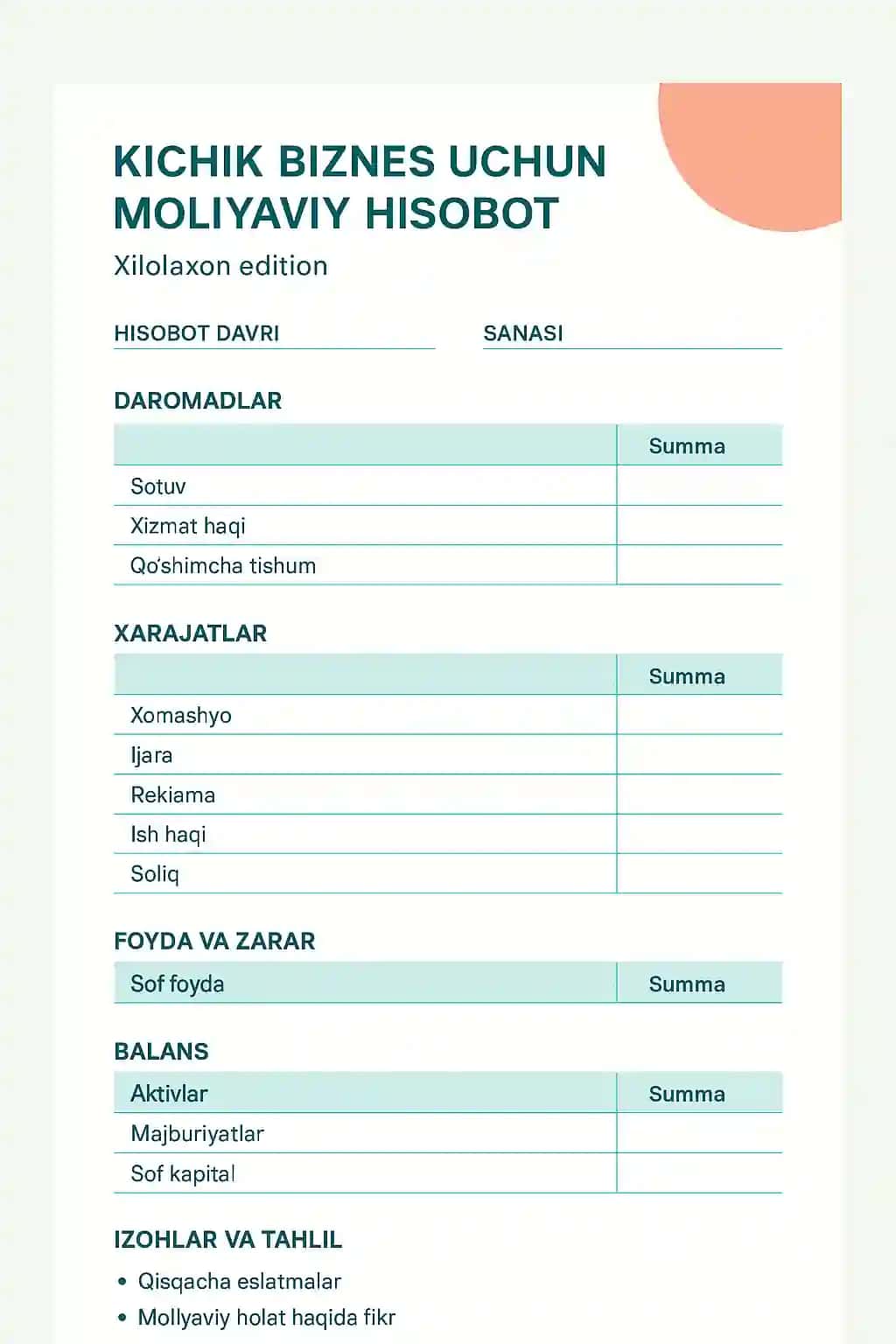 kichik biznez uchun moliya shabloni