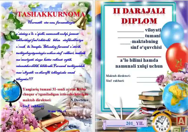 TASHAKKURNOMA, II DARAJALI DIPLOM, FAXRIY YORLIQ - 3in1, uchtasi birda
