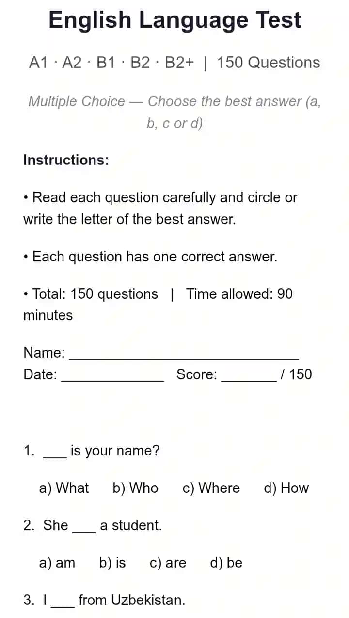 English Language Test A1–B2+ | 150 Questions | Placement Test