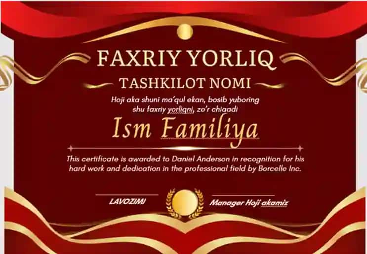 Faxriy yorliq shablon tayyori