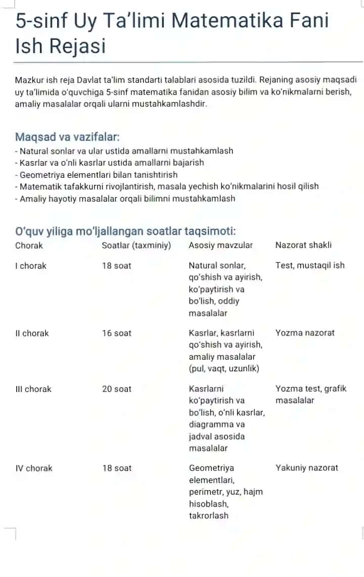 uy ta'limi 5- sinf ish reja