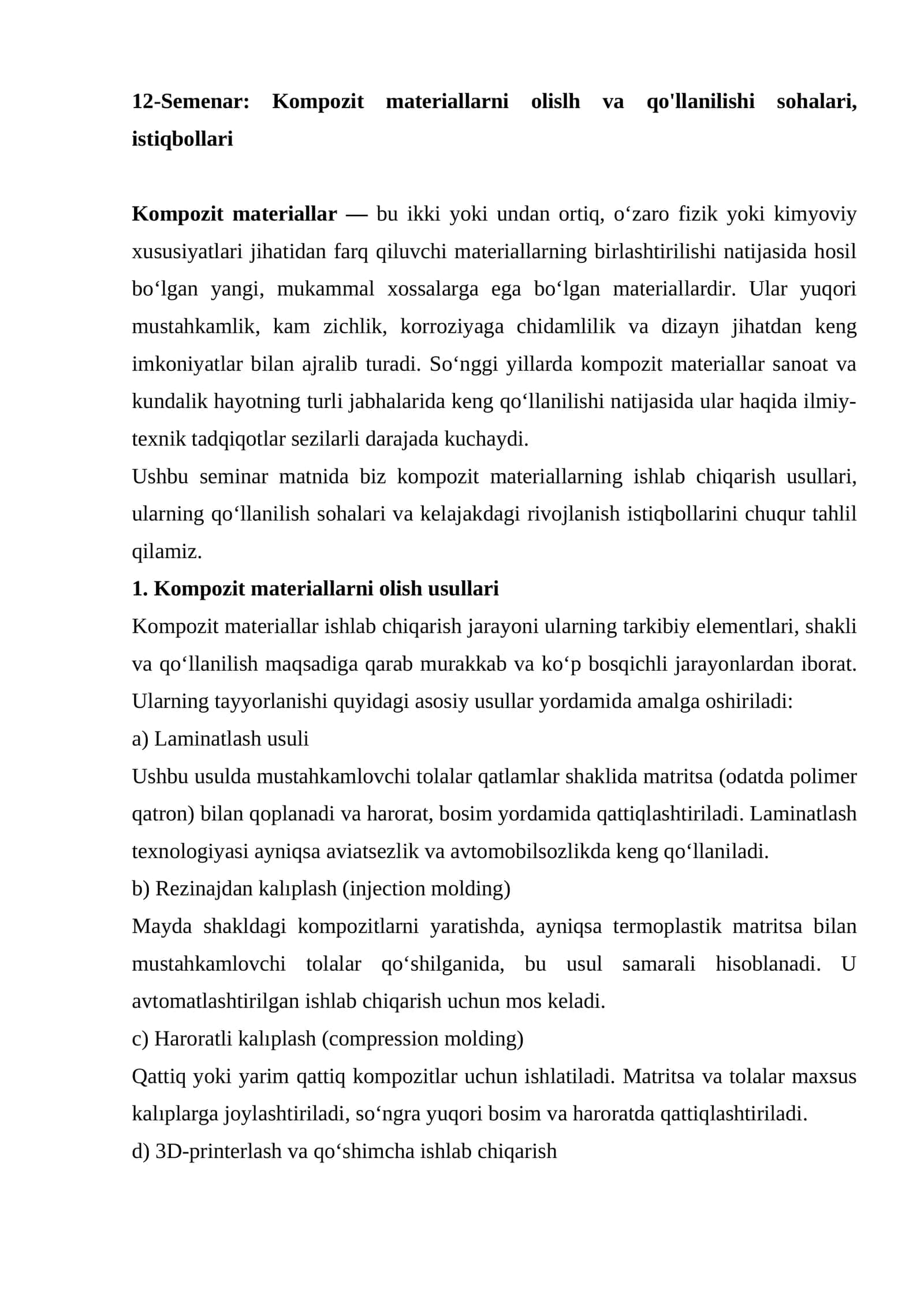 12-Semenar: Kompozit materiallarni olislh va qo'llanilishi sohalari, istiqbollari