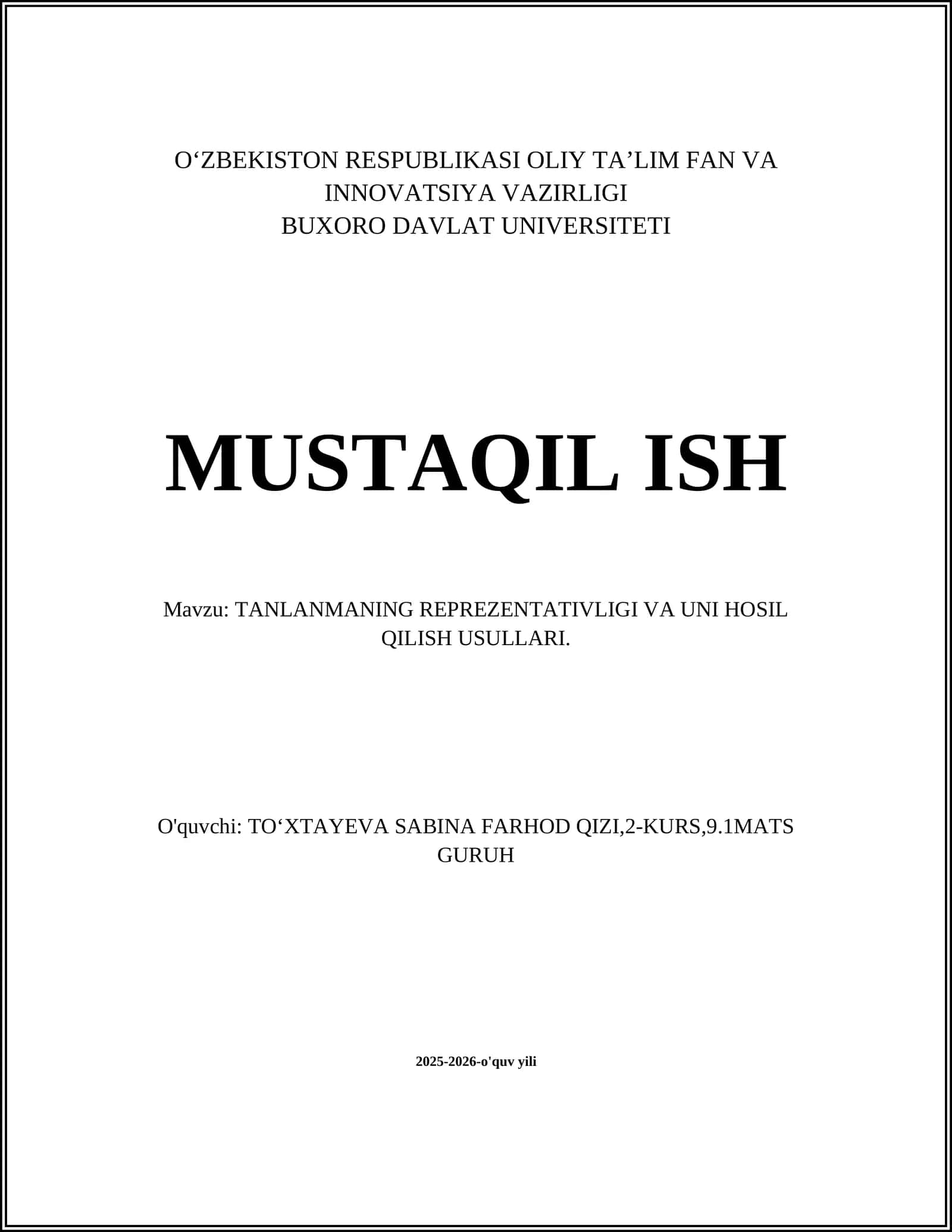 TANLANMANING REPREZENTATIVLIGI VA UNI HOSIL QILISH USULLARI