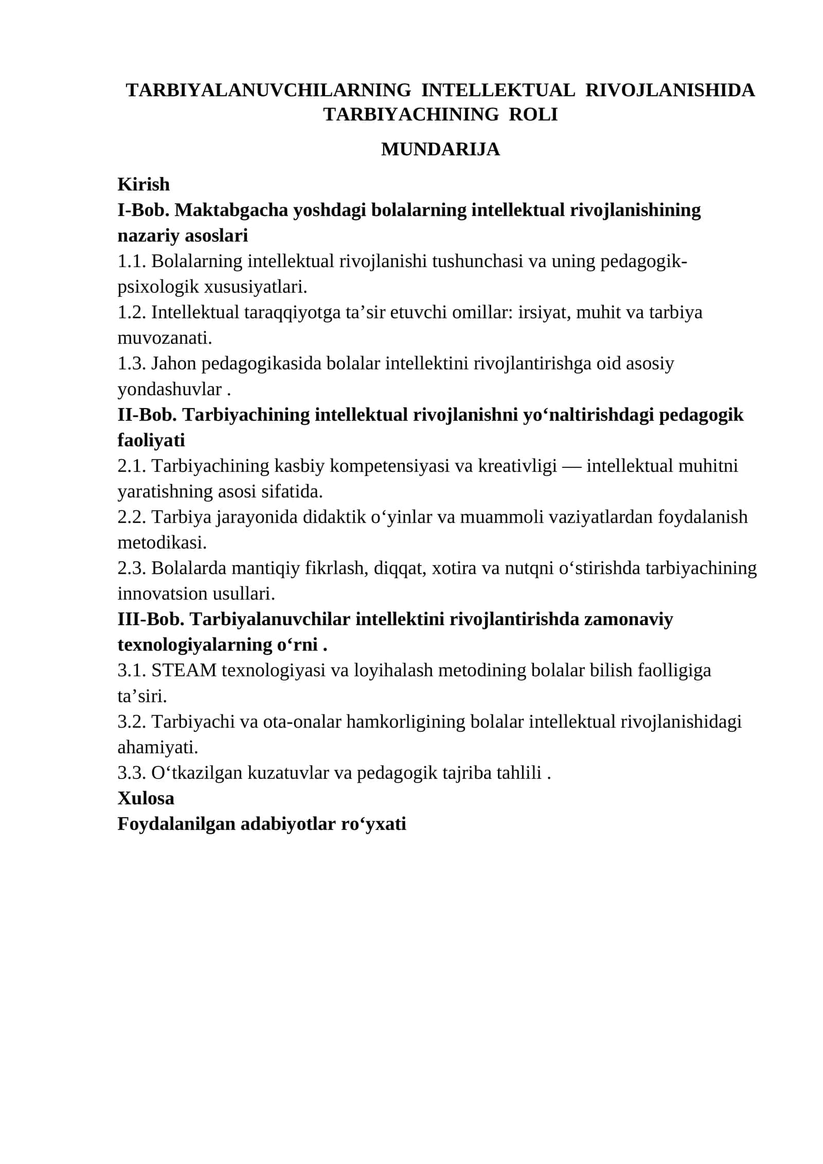 TARBIYALANUVCHILARNING INTELLEKTUAL RIVOJLANISHIDA TARBIYACHINING ROLI