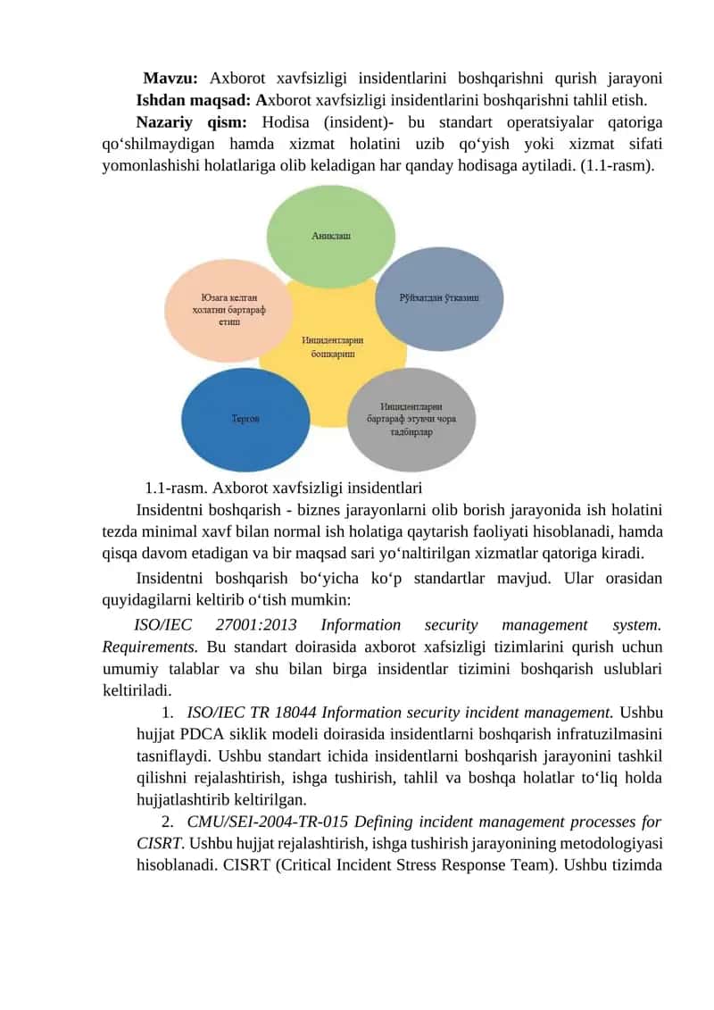 Axborot xavfsizligi insidentlarini boshqarishni qurish jarayoni