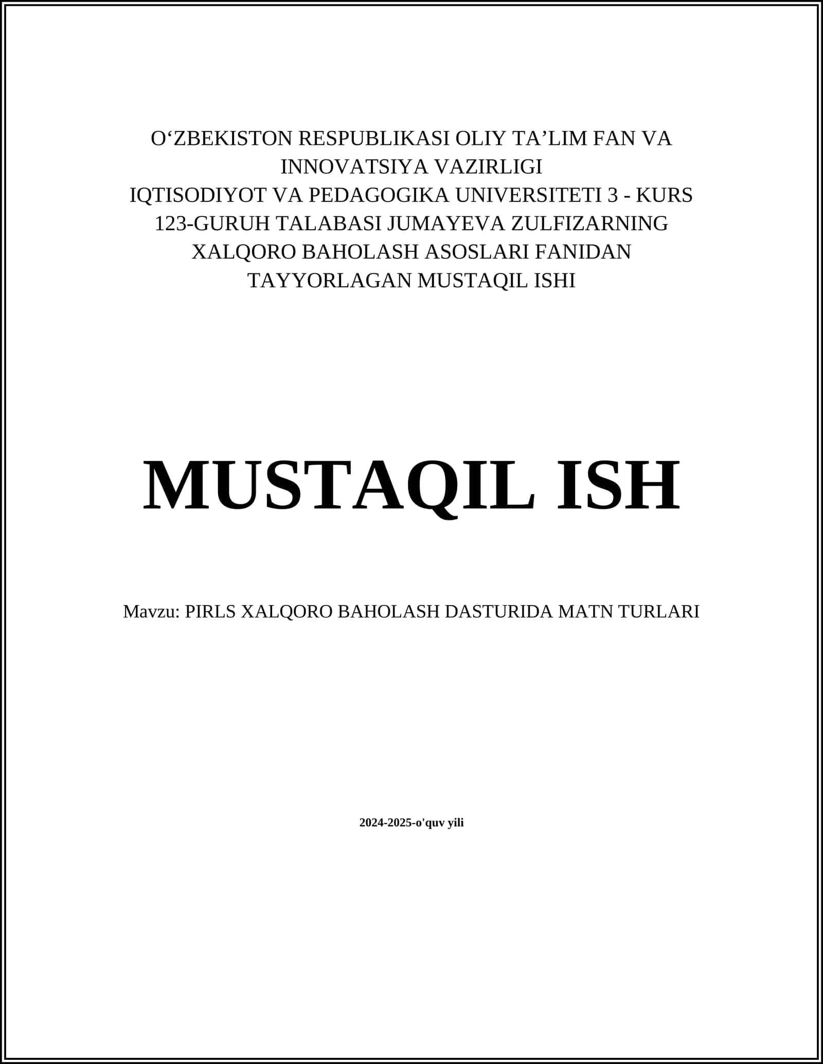 PIRLS XALQORO BAHOLASH DASTURIDA MATN TURLARI