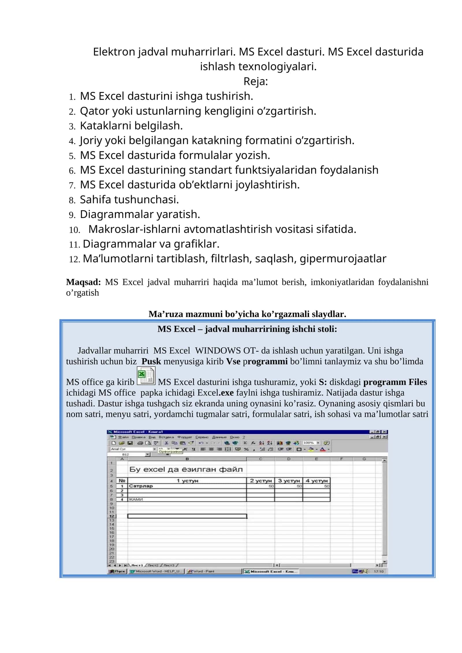 Elektron jadval muharrirlari. MS Excel dasturi