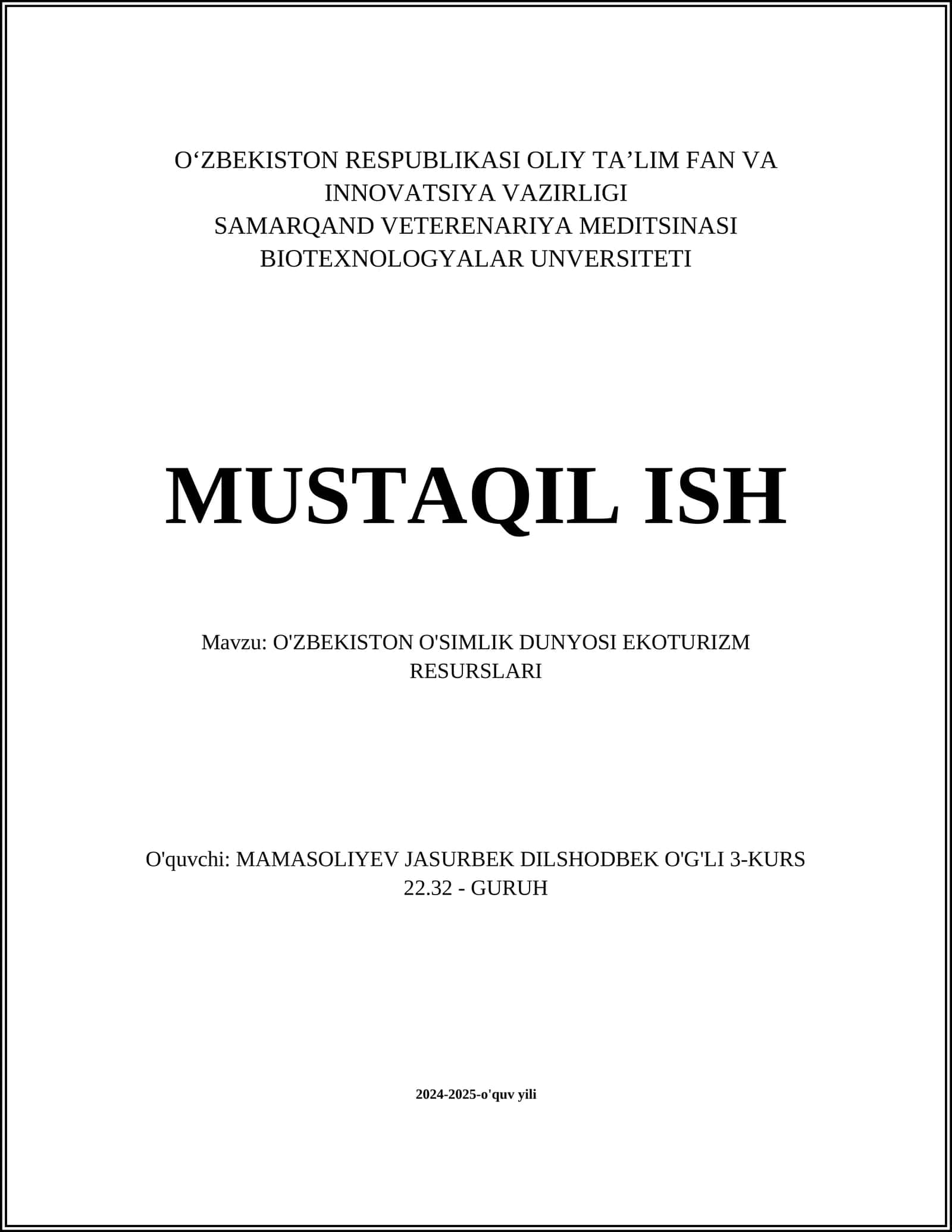 O'ZBEKISTON O'SIMLIK DUNYOSI EKOTURIZM RESURSLARI
