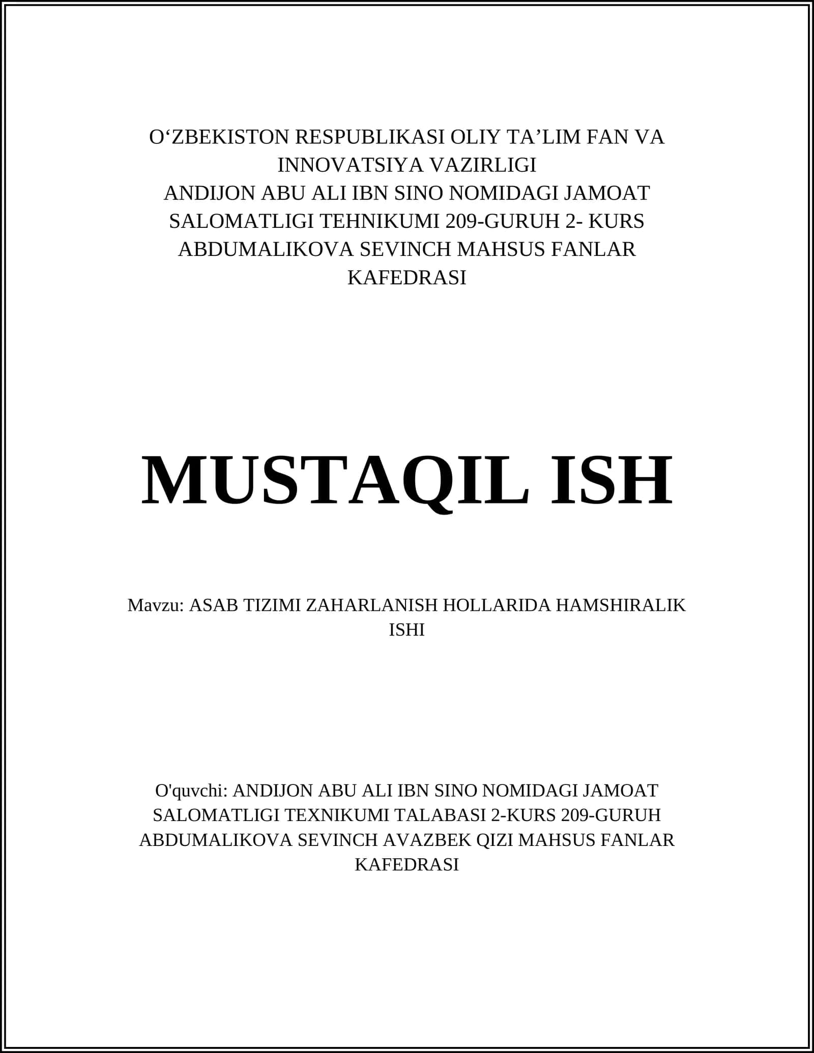 ASAB TIZIMI ZAHARLANISH HOLLARIDA HAMSHIRALIK ISHI