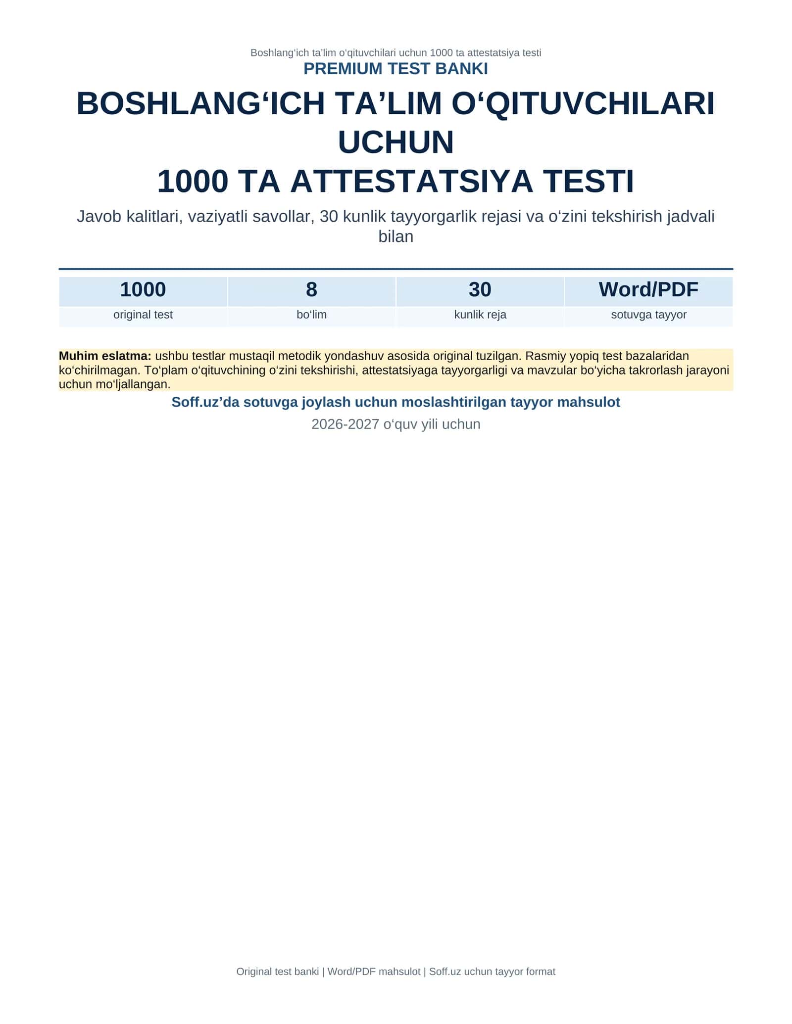 Boshlang‘ich ta’lim o‘qituvchilari uchun 1000 ta attestatsiya testi