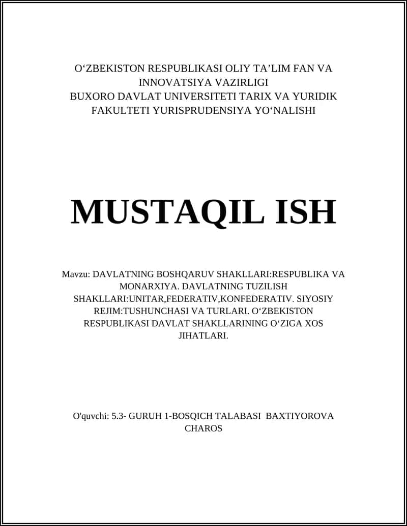 DAVLATNING BOSHQARUV SHAKLLARI:RESPUBLIKA VA MONARXIYA