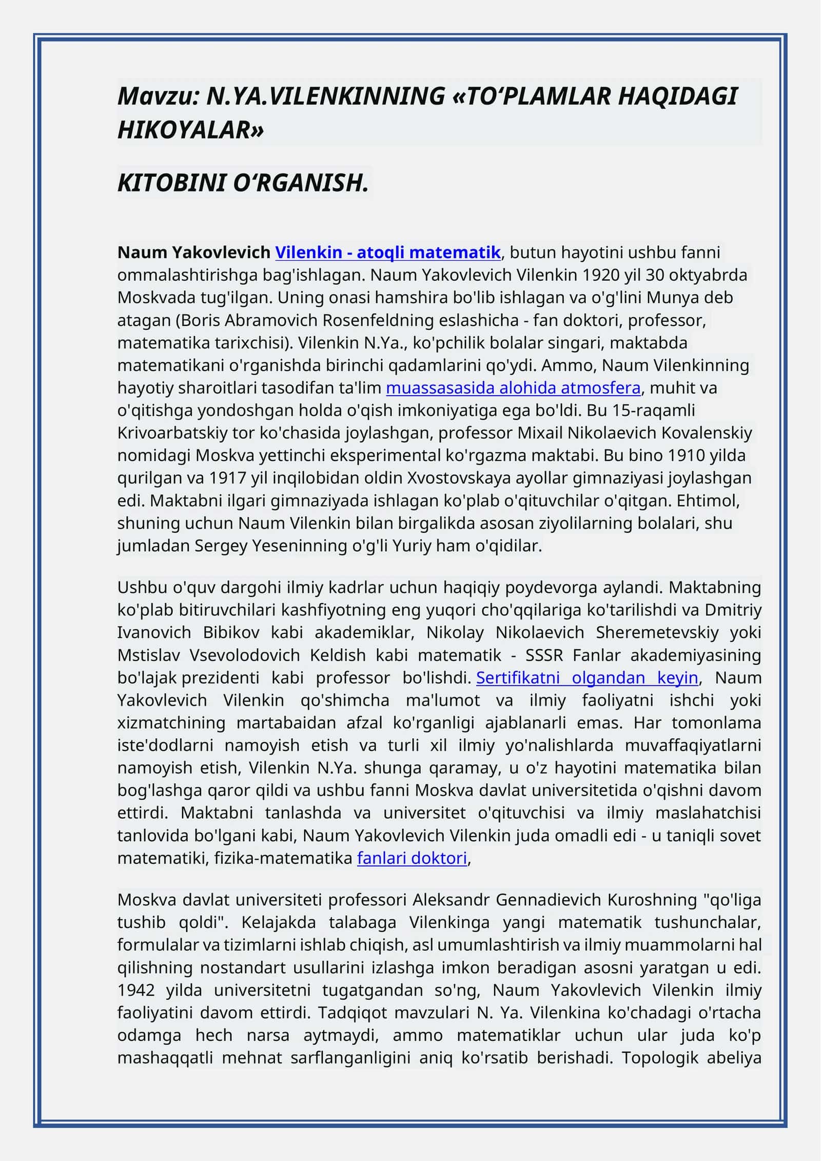 N.YA.VILENKINNING «TO‘PLAMLAR HAQIDAGI HIKOYALAR» KITOBINI O‘RGANISH