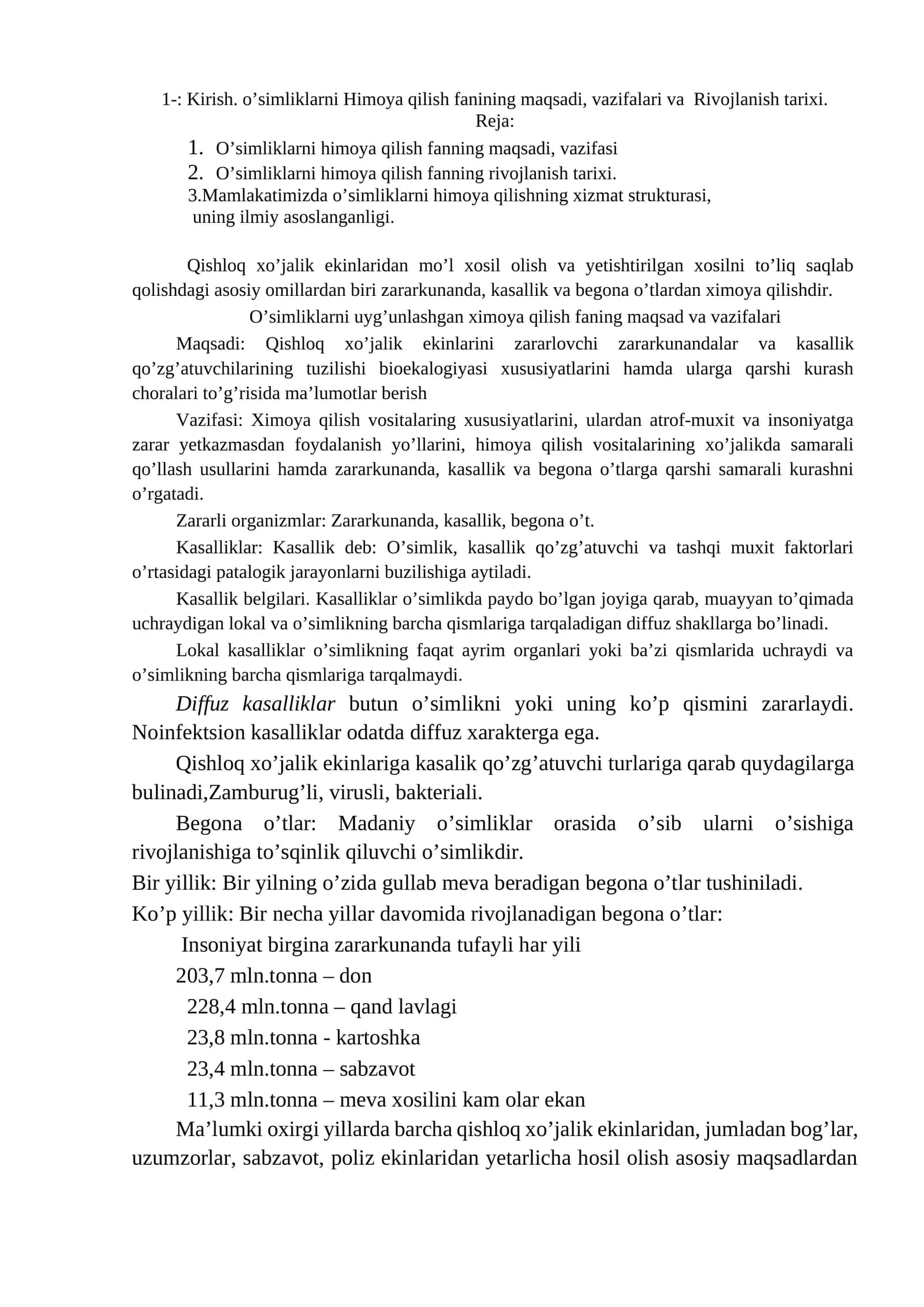 O'simliklarni himoya qilish fanining maqsadi, vazifalari va Rivojlanish tarixi