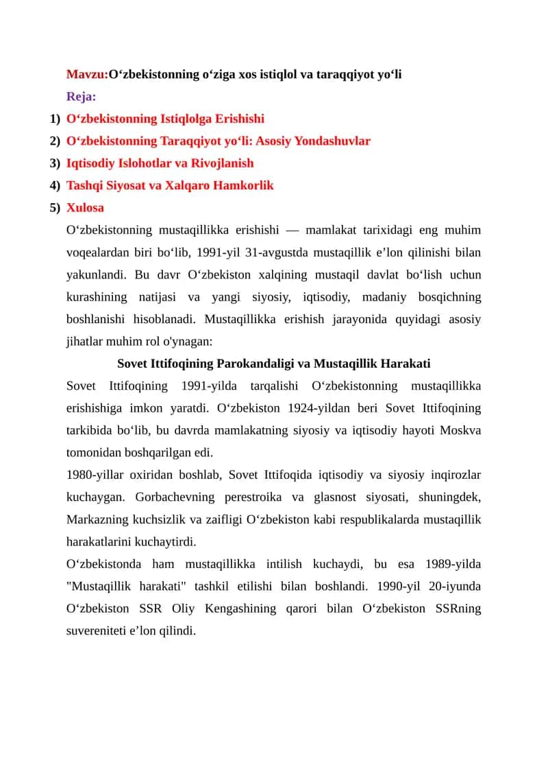 Oʻzbekistonning oʻziga xos istiqlol va taraqqiyot yoʻli