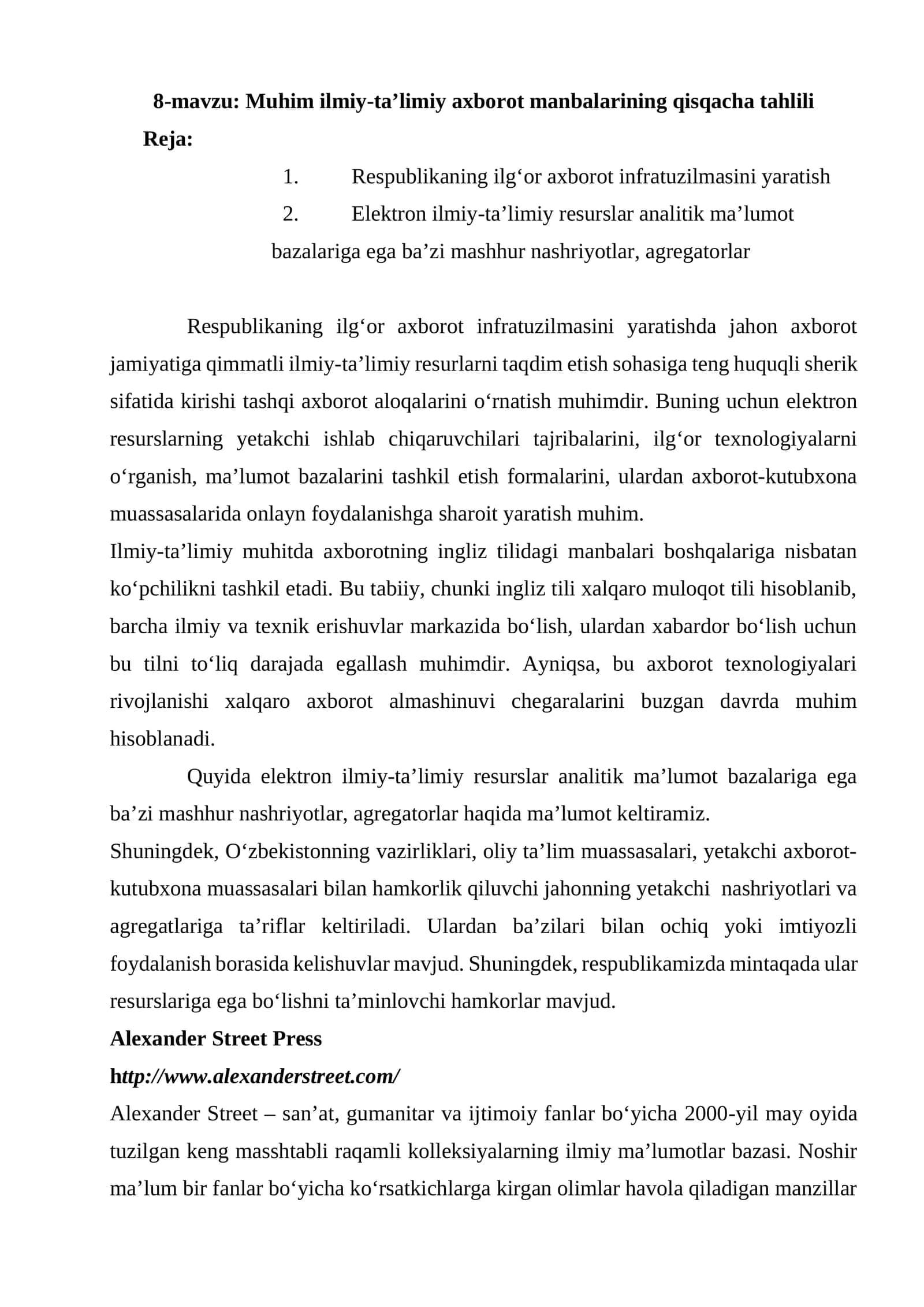 Muhim ilmiy-ta'limiy axborot manbalarining qisqacha tahlili