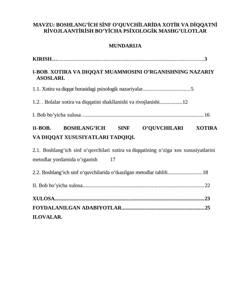 BOSHLANG’İCH SİNF O’QUVCHİLARI XOTIRA VA DIQQAT XUSUSIYATLARI TADQIQI