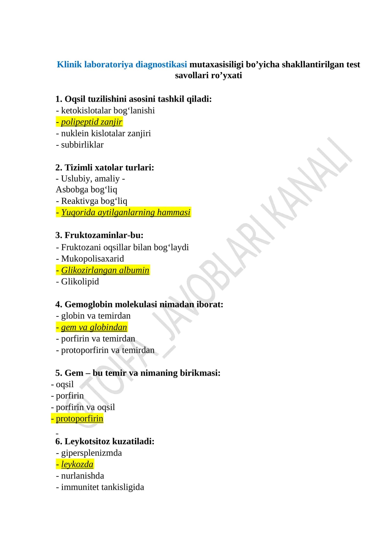 ARGOS Klinik laboratoriya diagnostikasi mutaxasisiligi bo’yicha shakllantirilgan test savollari ro’yxati
