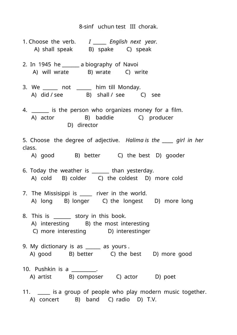 8-sinf uchun test III chorak