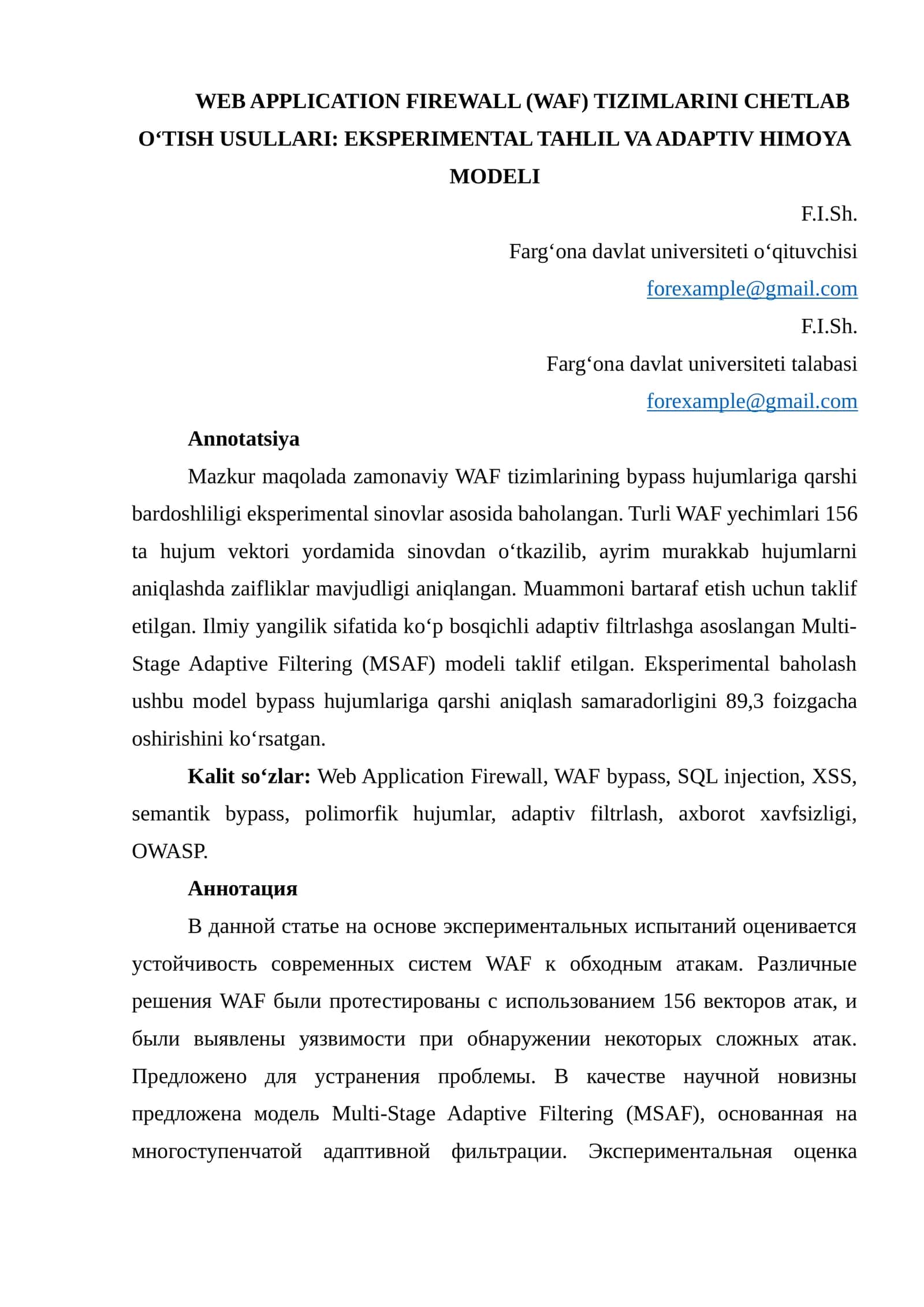 WEB APPLICATION FIREWALL (WAF) TIZIMLARINI CHETLAB OʻTISH USULLARI: EKSPERIMENTAL TAHLIL VA ADAPTIV HIMOYA MODELI