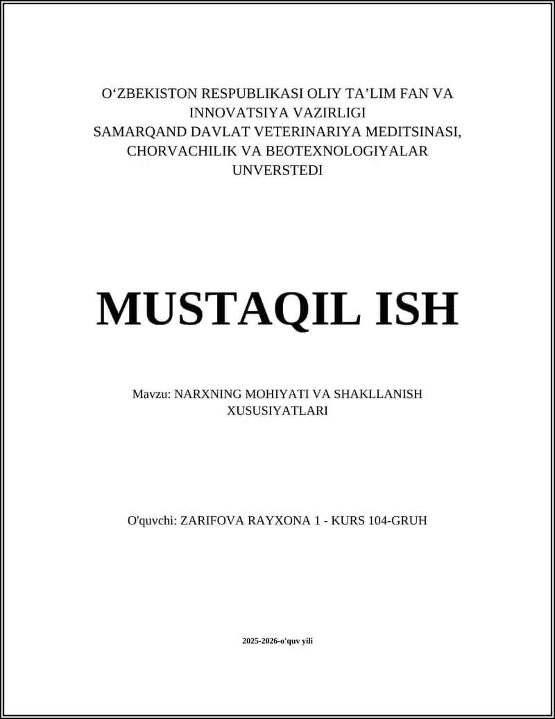 NARXNING MOHIYATI VA SHAKLLANISH XUSUSIYATLARI