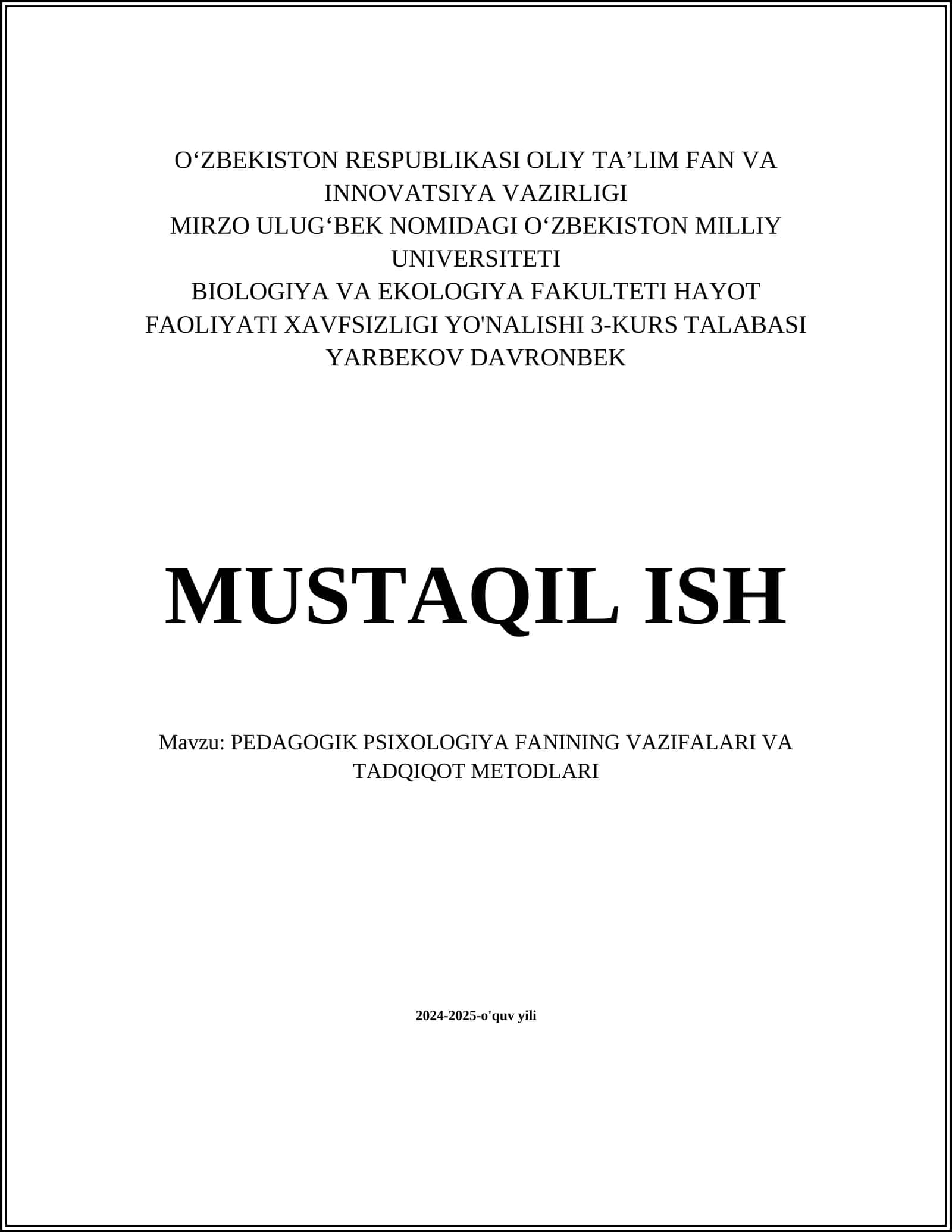PЕDAGOGIK PSIXOLOGIYA FANINING VAZIFALARI VA TADQIQOT MЕTODLARI