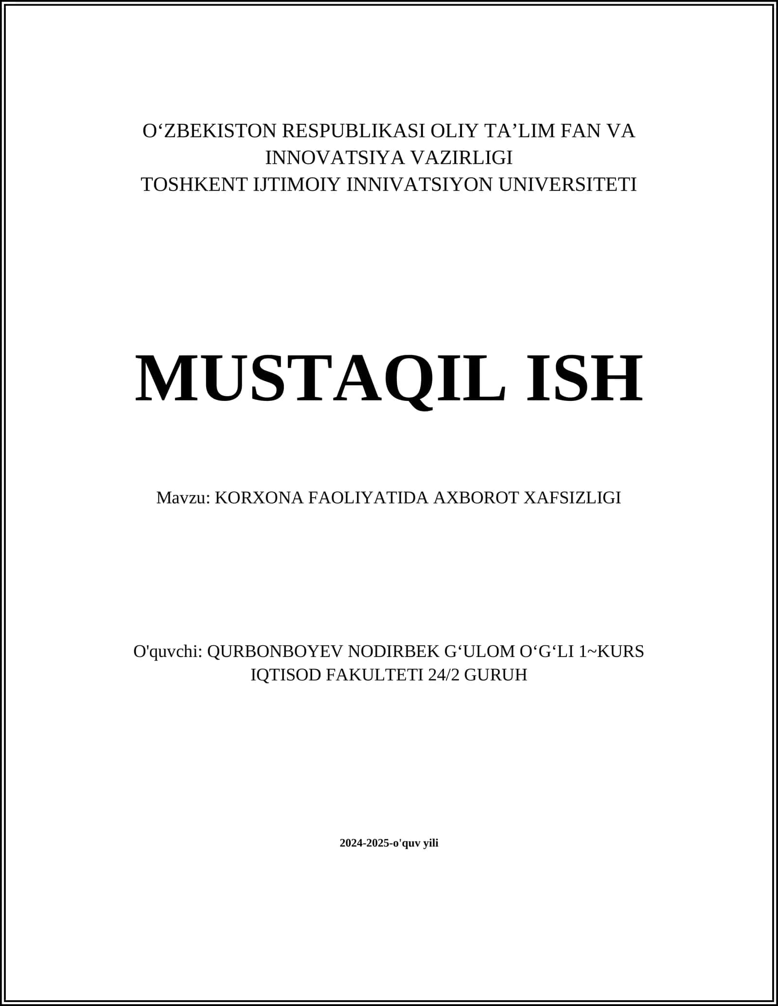 KORXONA FAOLIYATIDA AXBOROT XAFSIZLIGI