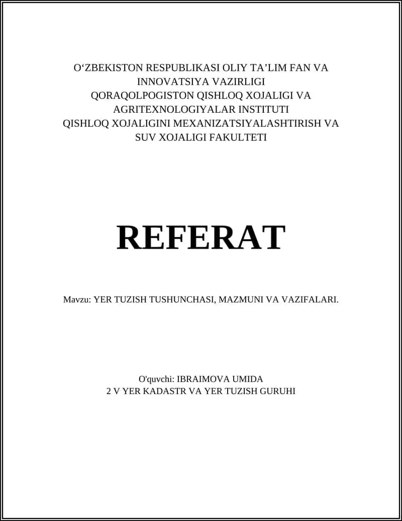 YER TUZISH TUSHUNCHASI, MAZMUNI VA VAZIFALARI