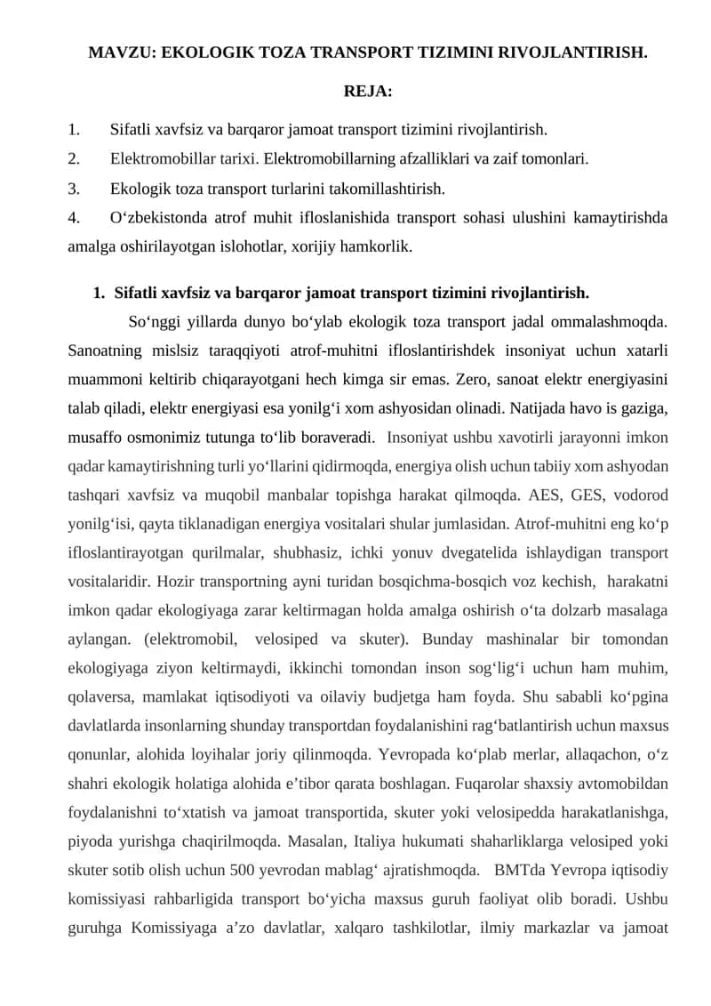 EKOLOGIK TOZA TRANSPORT TIZIMINI RIVOJLANTIRISH.
