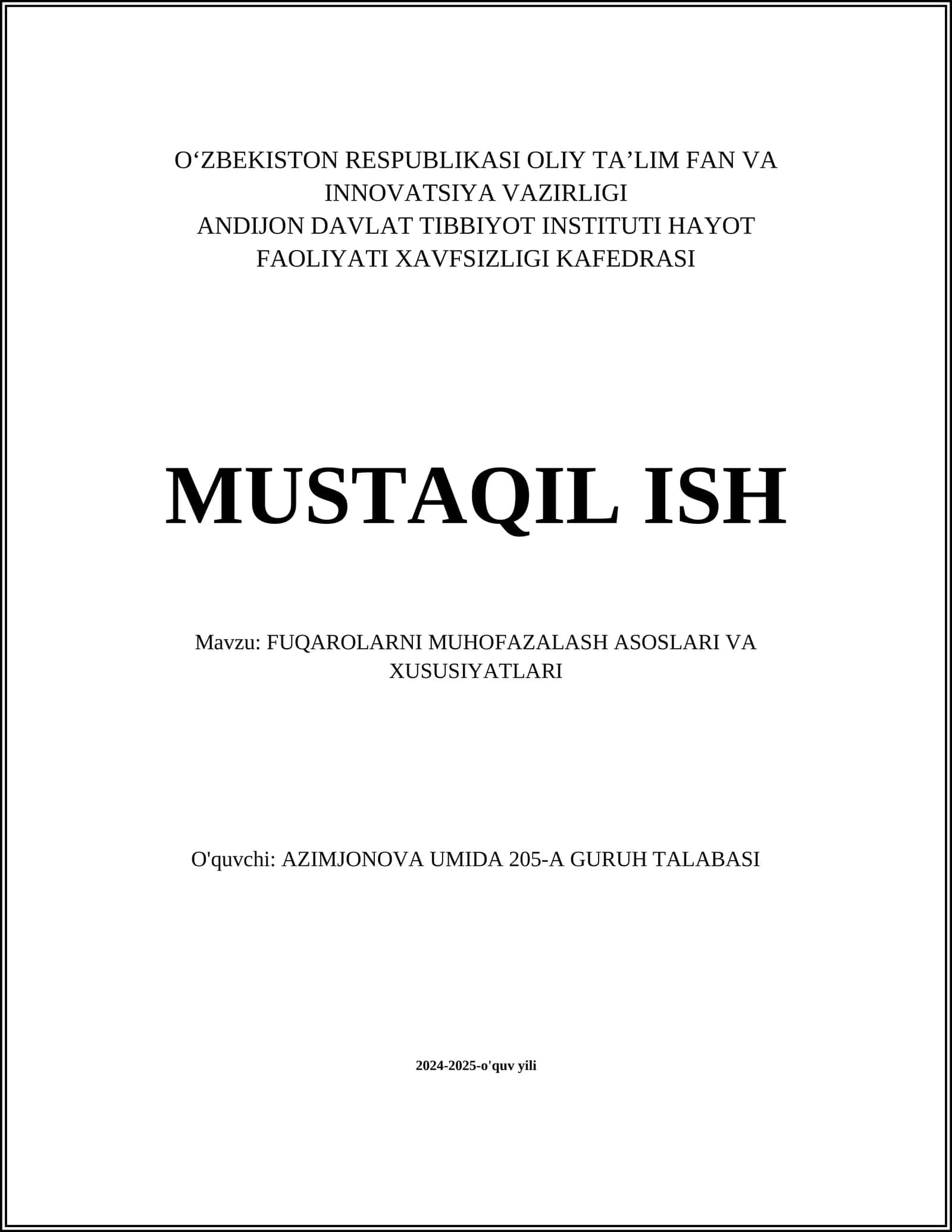 FUQAROLARNI MUHOFAZALASH ASOSLARI VA XUSUSIYATLARI