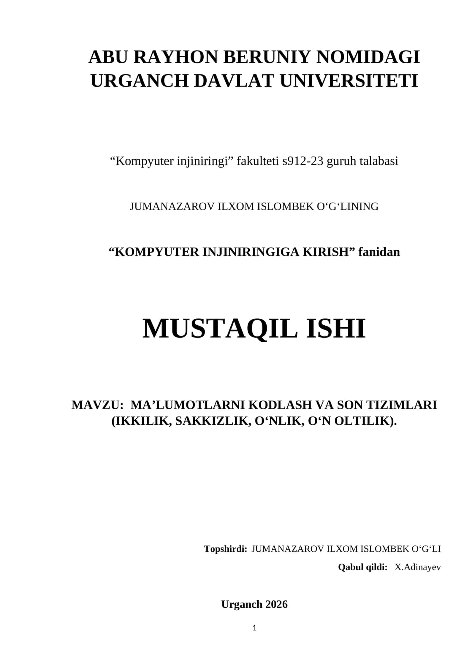 Ma’lumotlarni Kodlash va Son Tizimlari