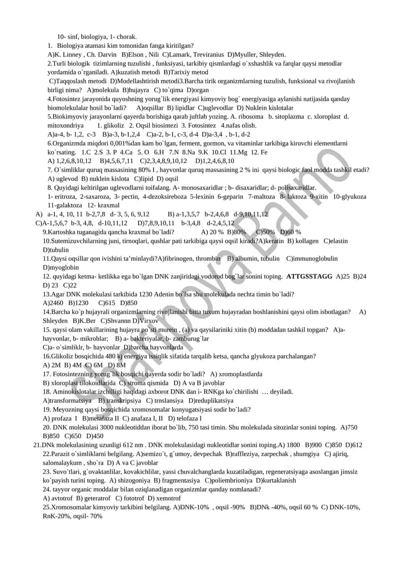Biologiya test savollari