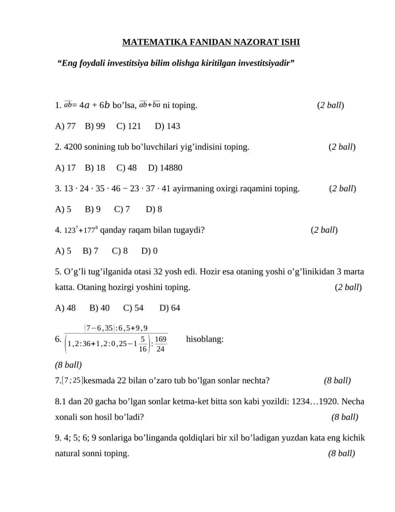 MATEMATIKA FANIDAN NAZORAT ISHI